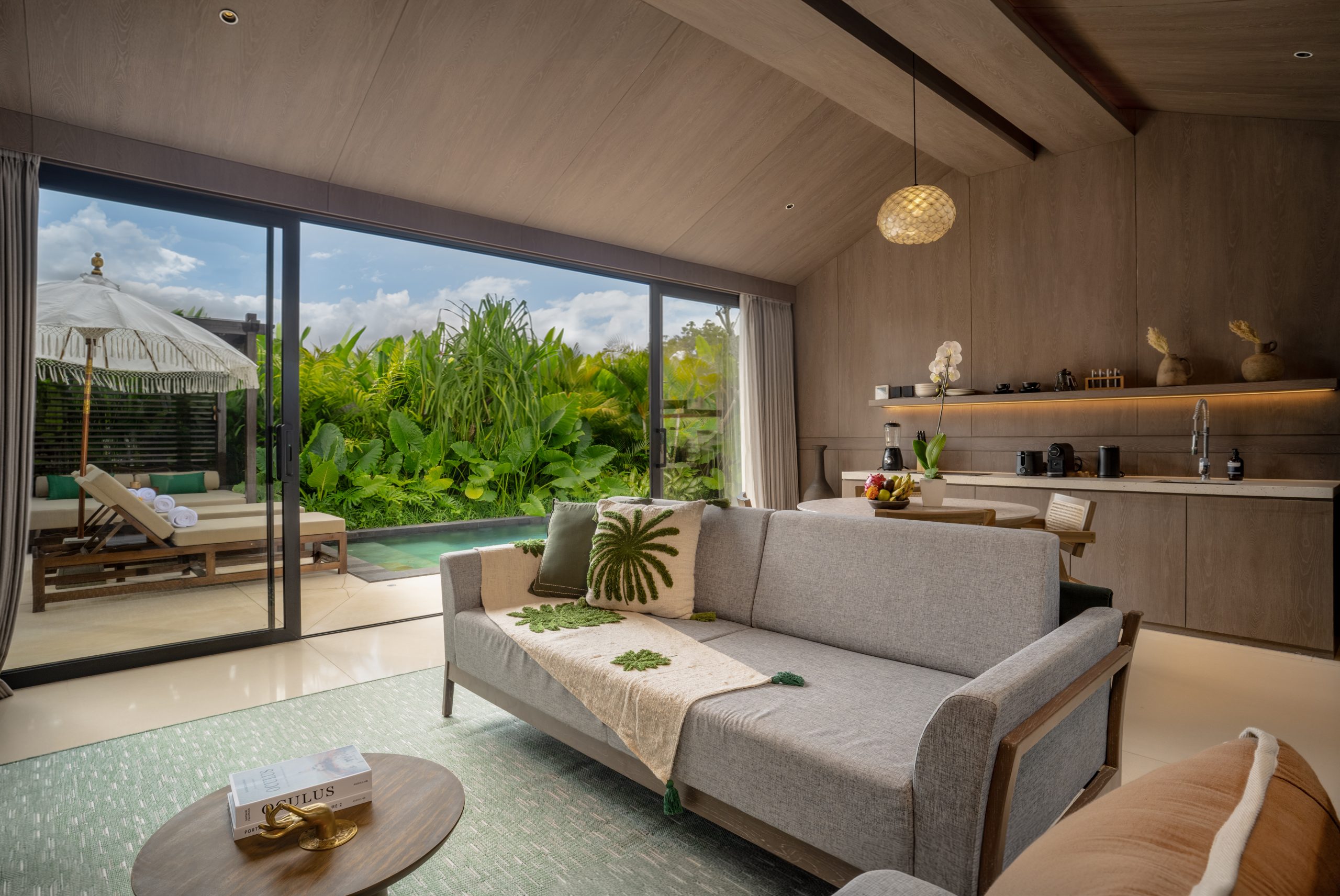 Living room inside a two-bedroom garden pool villa at Nuju Uluwatu